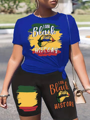  Colorblock Slogan & Lip Print Crop Top & Shorts Set