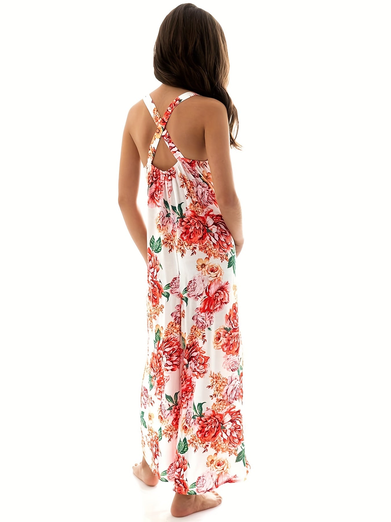 Girls Boho Floral Maxi Backless Jumpsuit Teen Wide Leg Rompers
