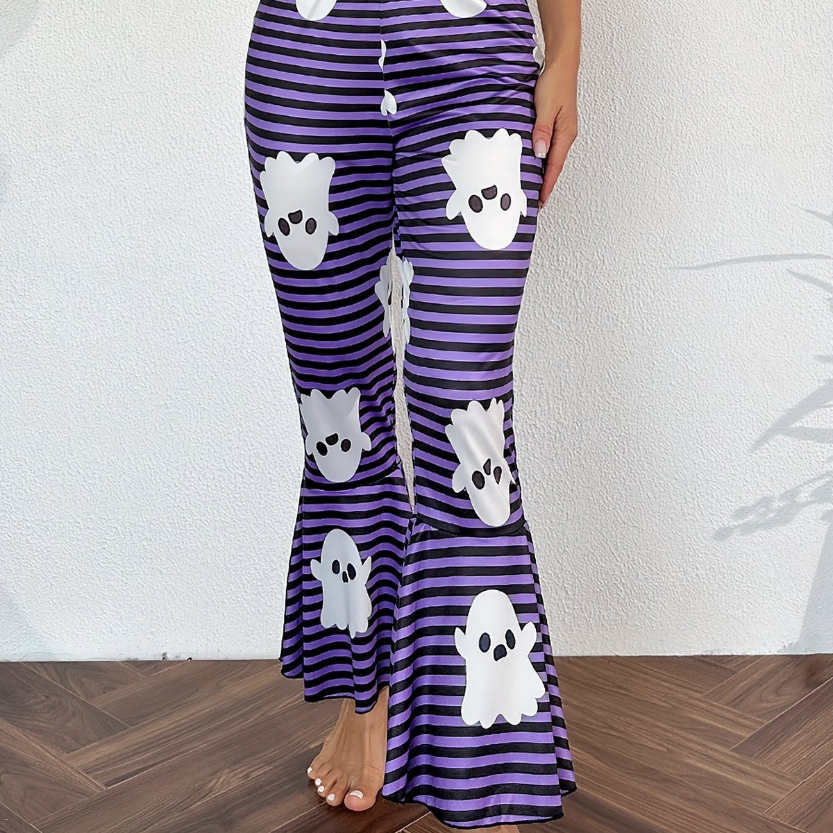 Ghost Stripe Print Lounge Pants Halloween Elastic Waistband Flare Pants