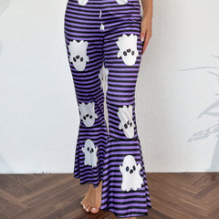 Ghost Stripe Print Lounge Pants Halloween Elastic Waistband Flare Pants