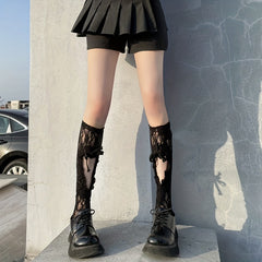 Floral Lace Calf Socks Lolita Mesh Knee High Socks Women's Stockings