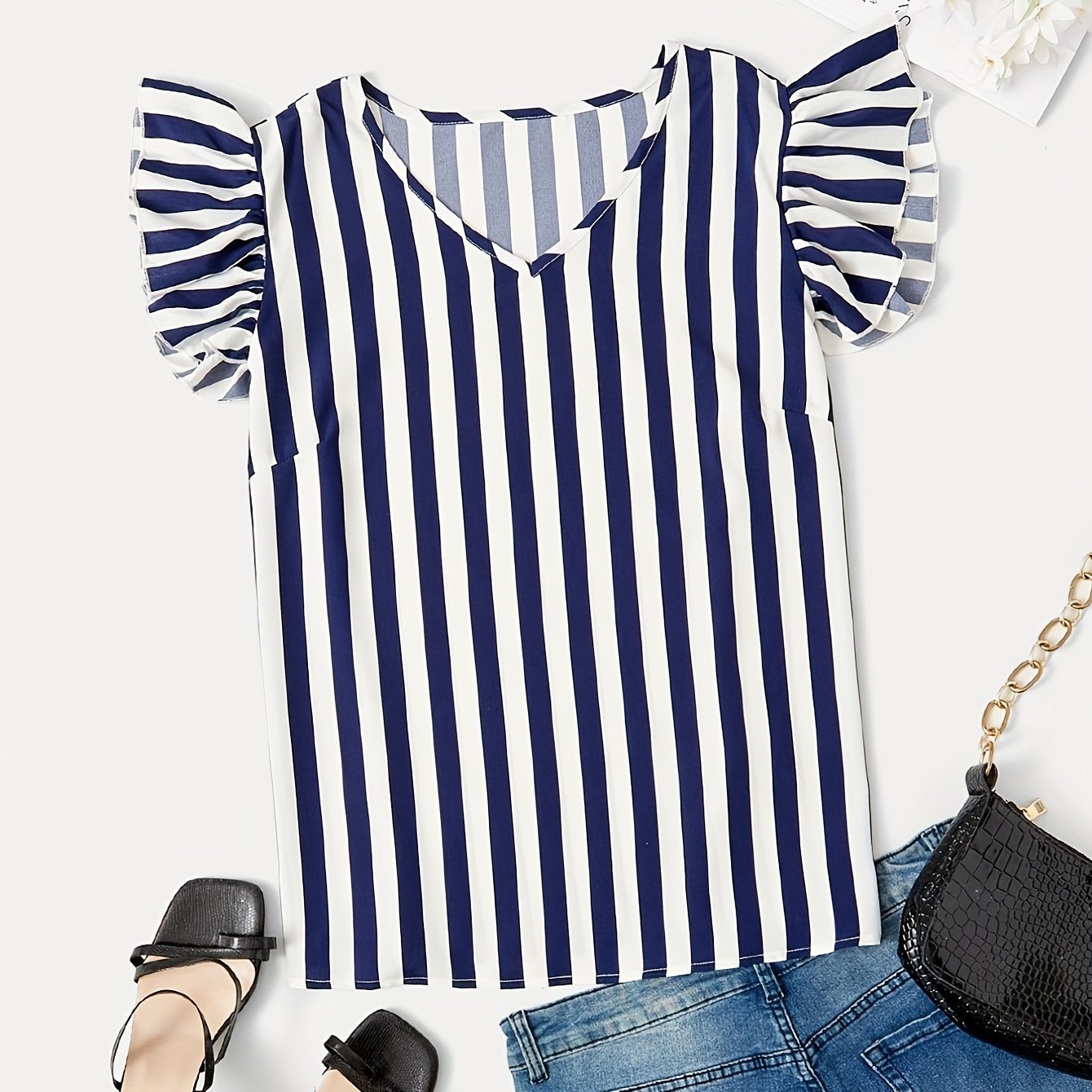  Women's Stripe Print Cap Sleeve V Neck Blouse
