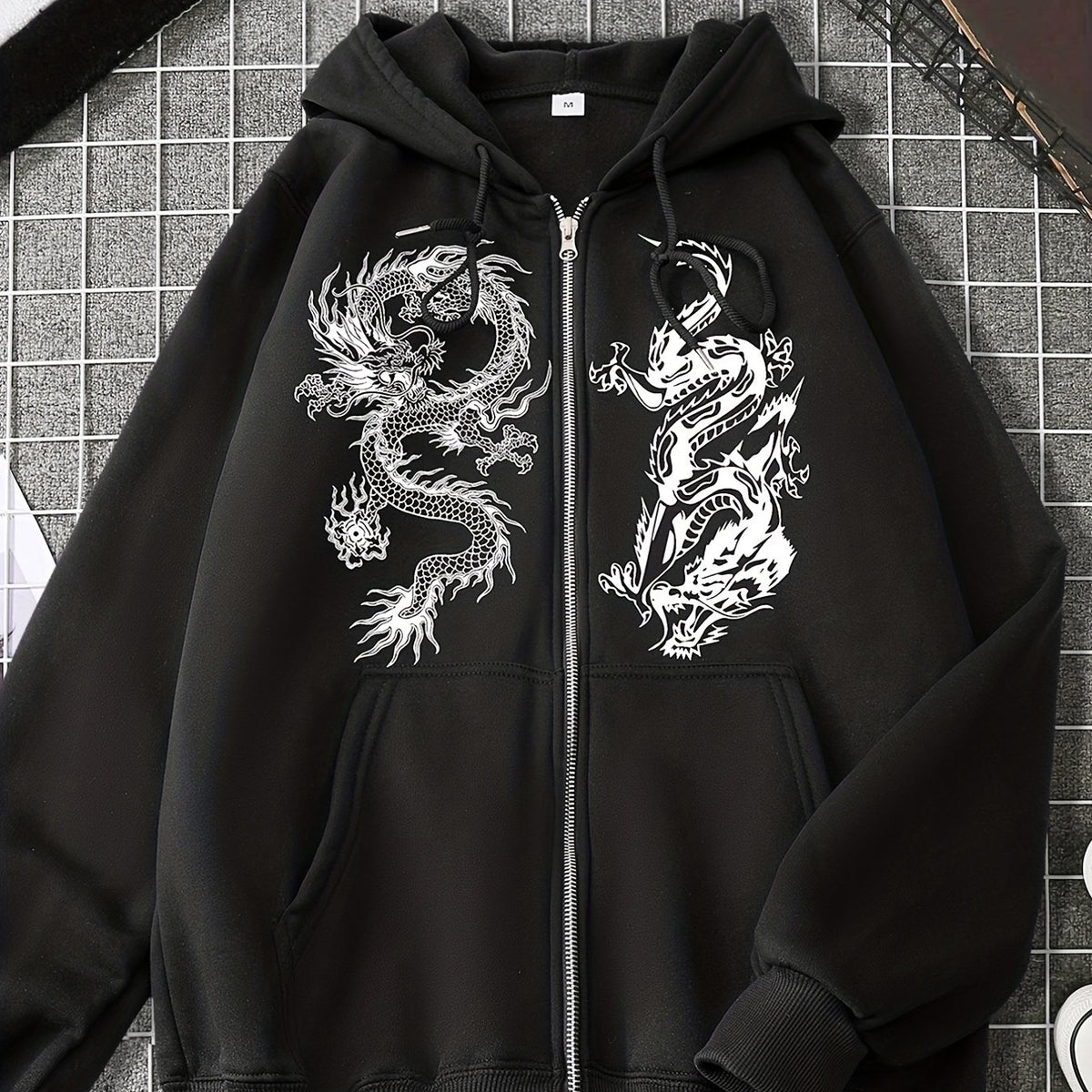 Dragon Print Zip Up Hoodie with Kangaroo Pocket for Women