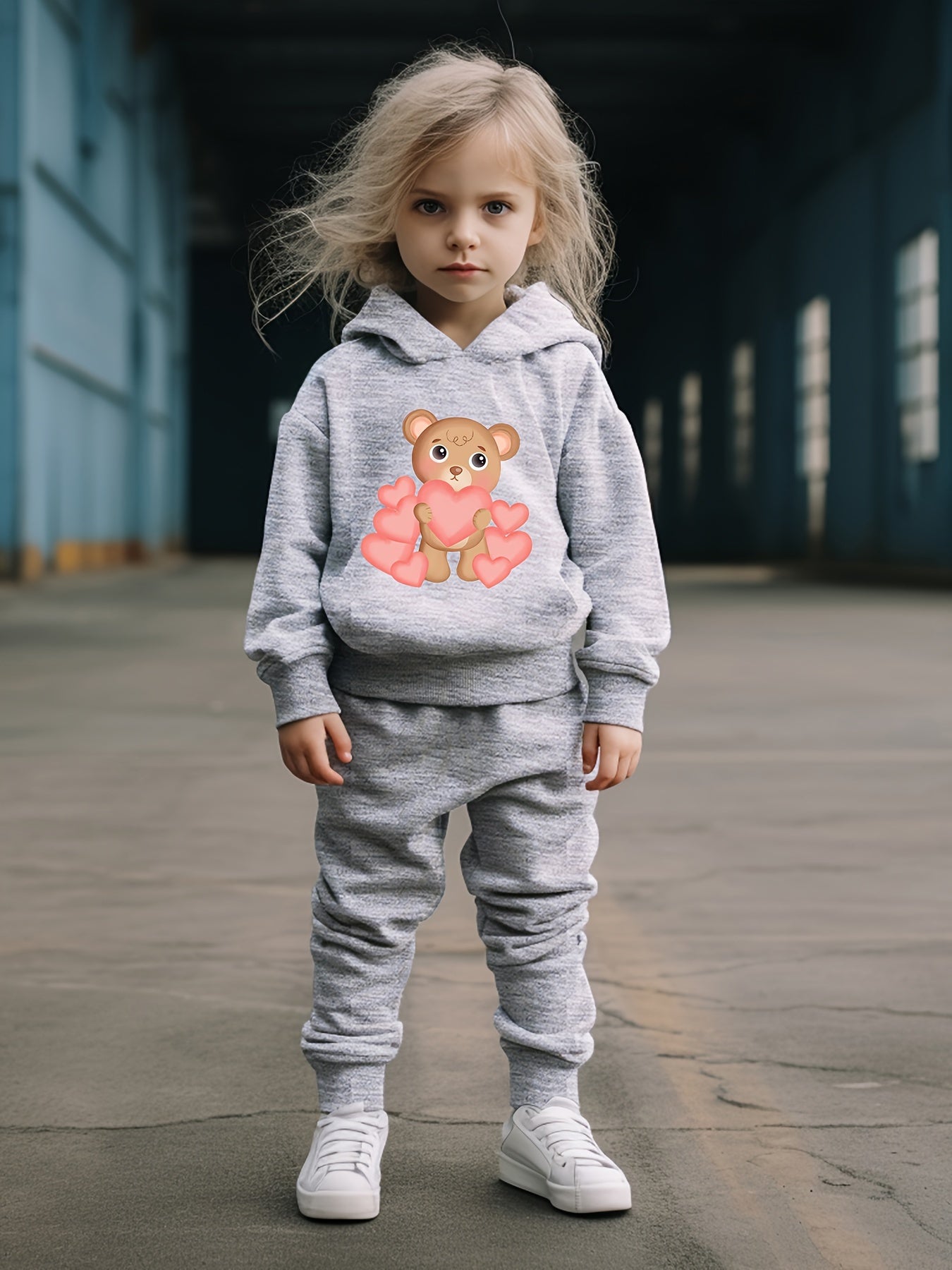 Heart Bear Print Hooded Pullover Pants Set for Kids