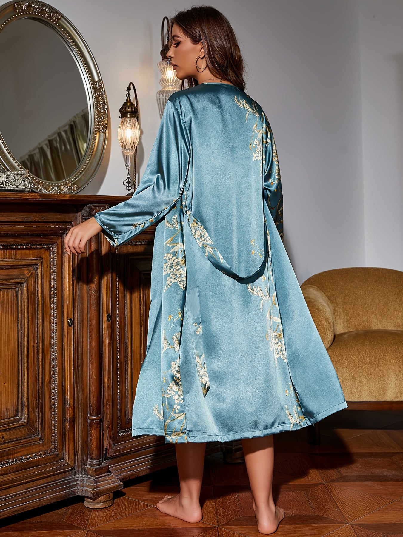 Women's Plant & Bird Print Pajama Set Sleepdress & Robe PJ Sets