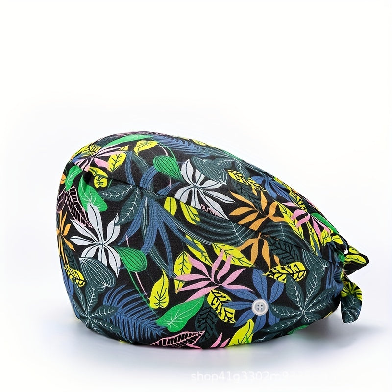 Cartoon Print Cotton Nurse Scrub Cap with Elastic and Button