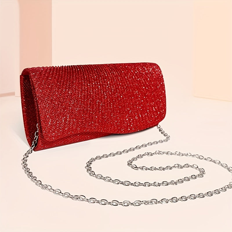 Glitter Ruched Evening Bag Flap Banquet Clutch Purse Women's Bling Handbags