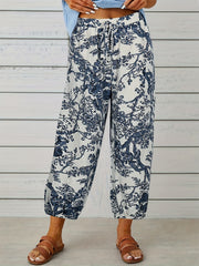  Floral Print Elastic Drawstring High Rise Slight Stretch Carrot Pants