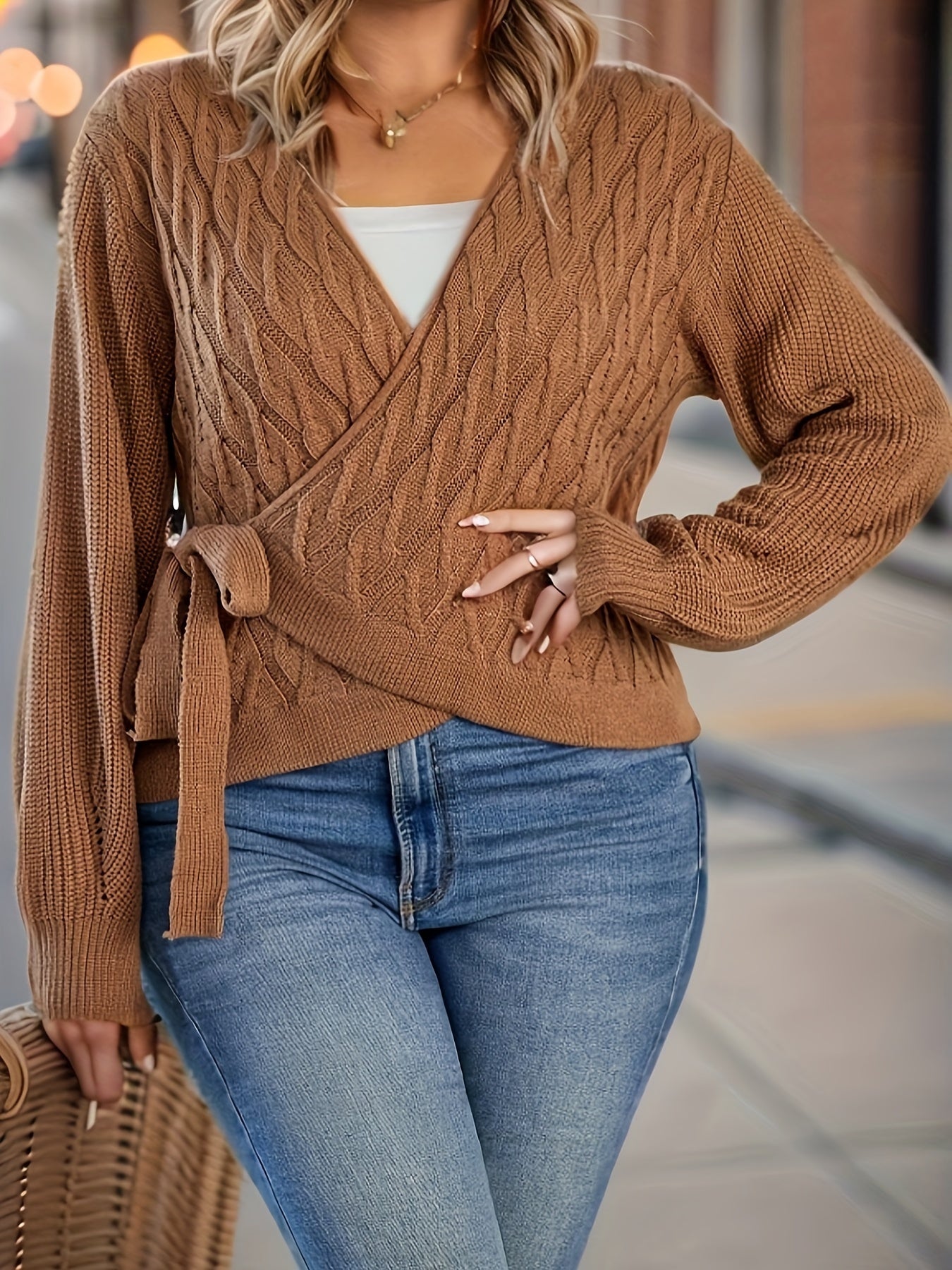  Casual Sweater Women's Solid Cable Long Sleeve Surplice Neck Knot