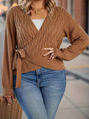  Casual Sweater Women's Solid Cable Long Sleeve Surplice Neck Knot