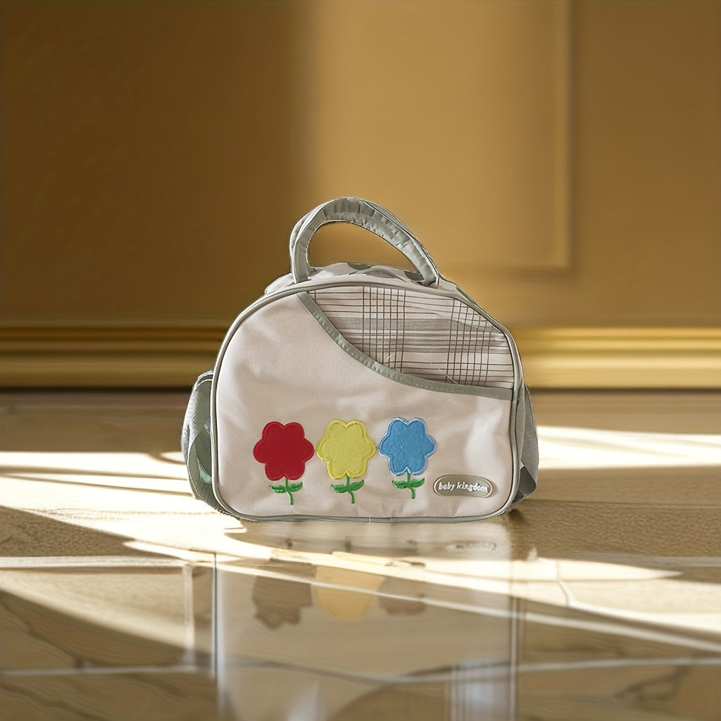 Beige Flower Embroidery Baby Nappy Bag Diaper Handbag with Zipper