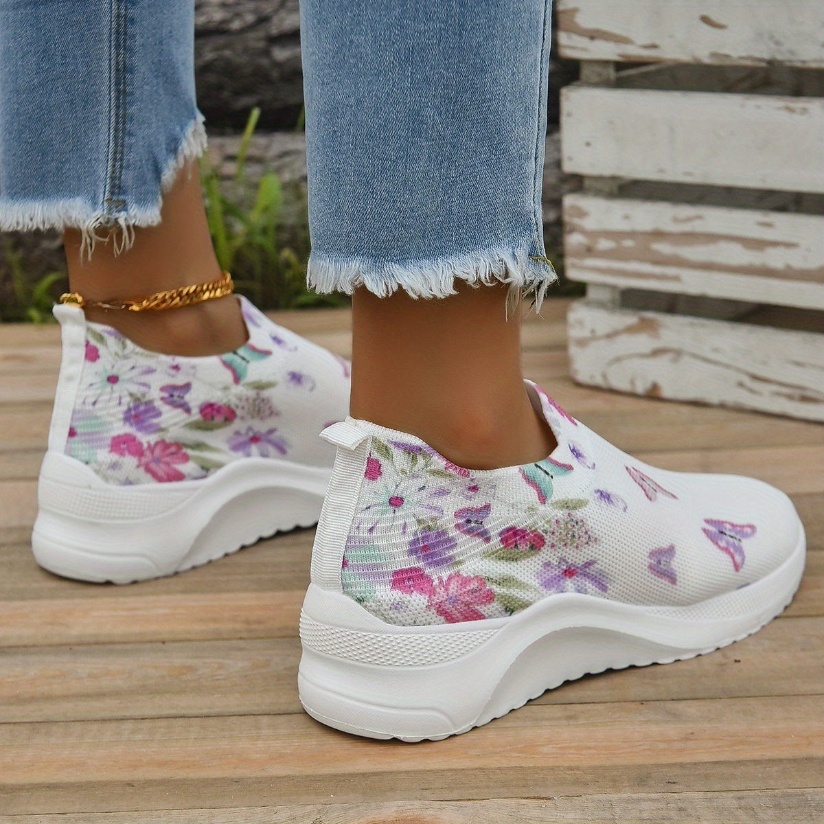 Women's Floral & Butterfly Print Slip-On Sneakers Breathable Knit Sock Shoes