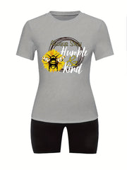  Bee & Slogan Print Tee & Biker Short Set