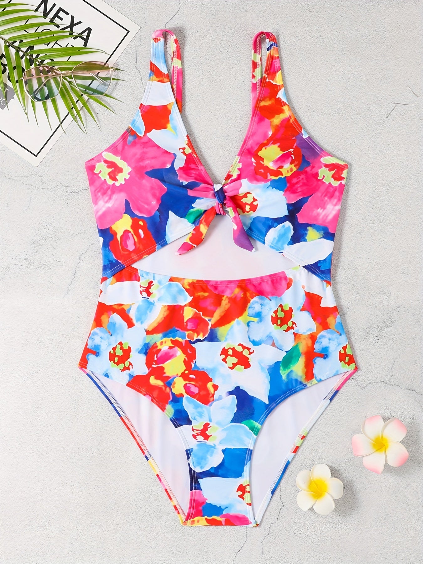  Floral Print V Neck One Piece Swimsuit