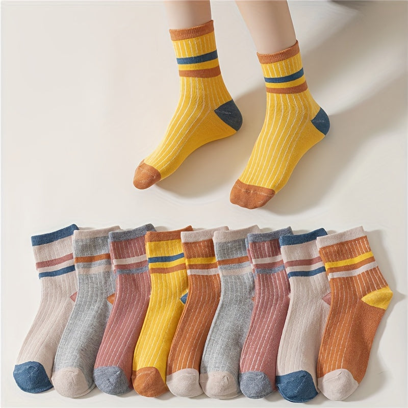10 Pairs Colorblock Stripe Print Socks Mid Tube Women's Stockings