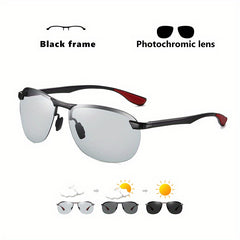 Aluminum Rimless Photochromic Sunglasses Men Polarized Driving Sun Glasses