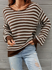  Casual Stripe Print Long Sleeve Round Neck Pullover Sweater