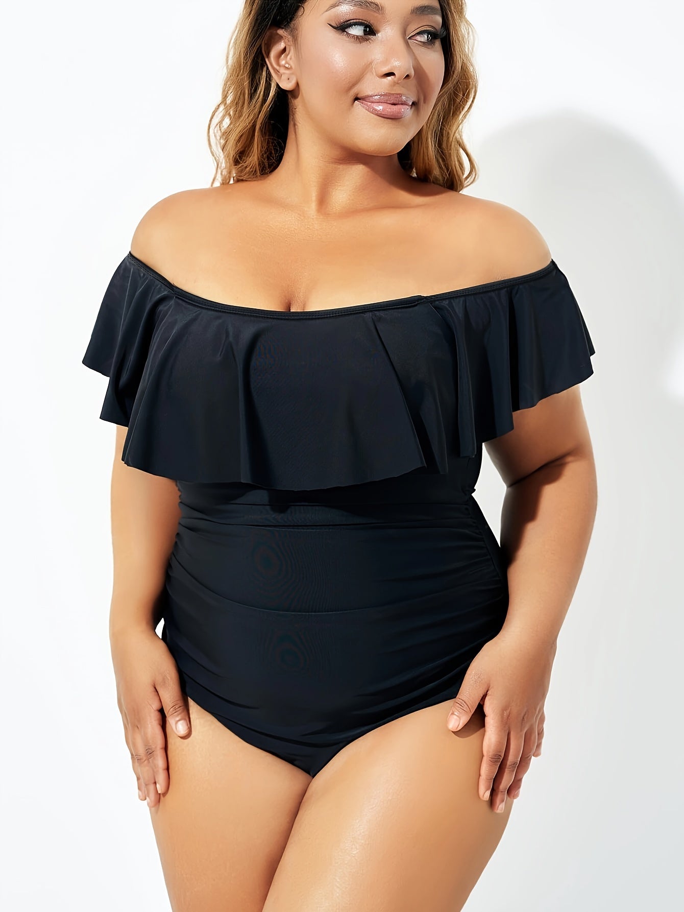  Solid Off Shoulder Lace Up Ruffle One Piece Swimsuit