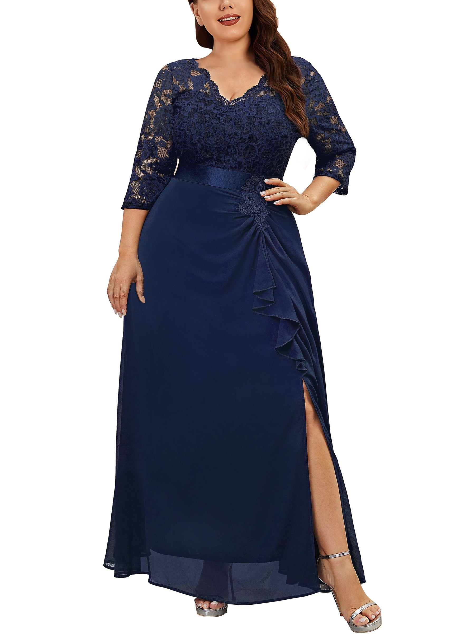  Lace Sleeve Ruffle Maxi Evening Dress
