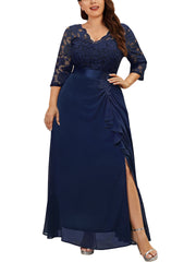  Lace Sleeve Ruffle Maxi Evening Dress