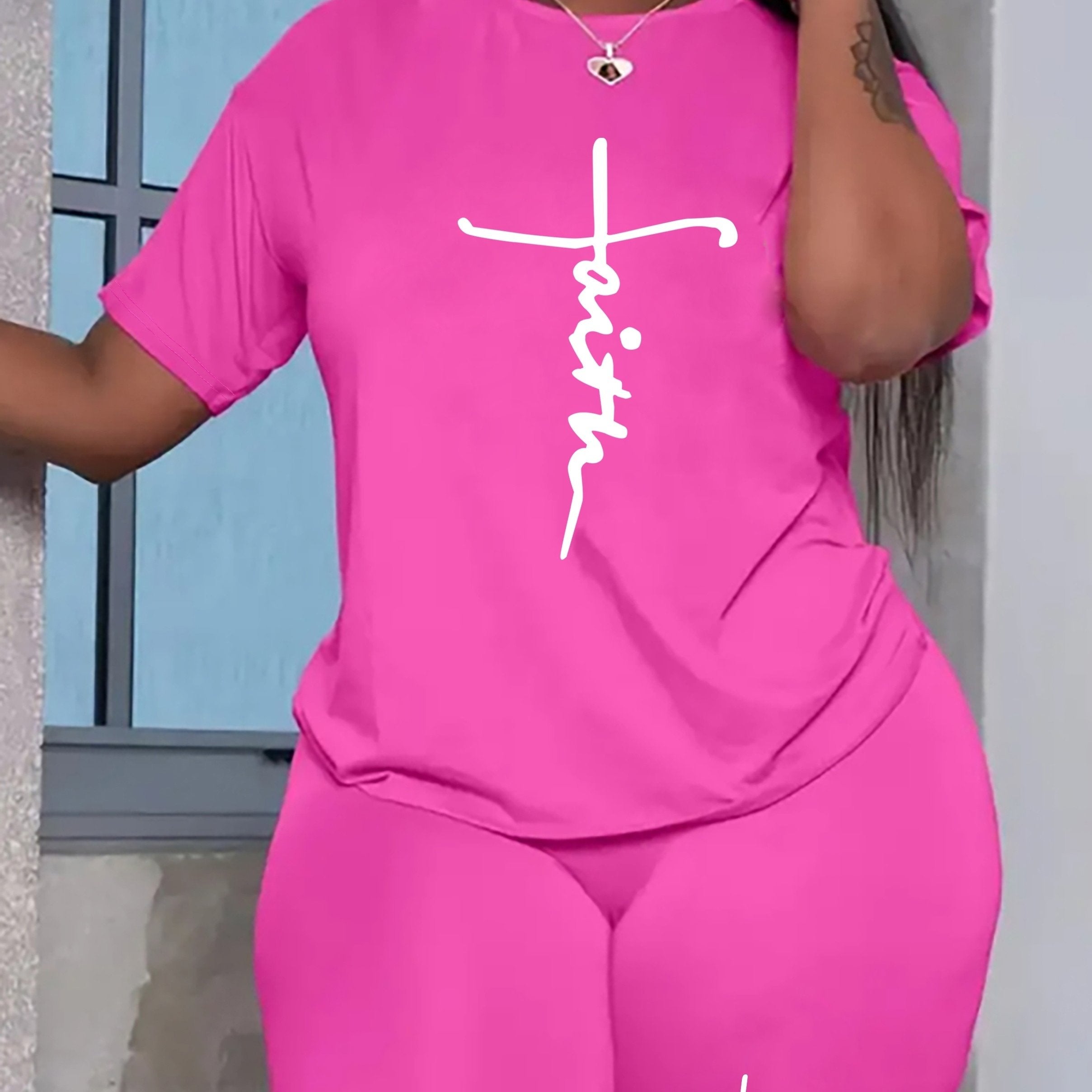  Two Piece Set Women's Plus Tee & Shorts Set