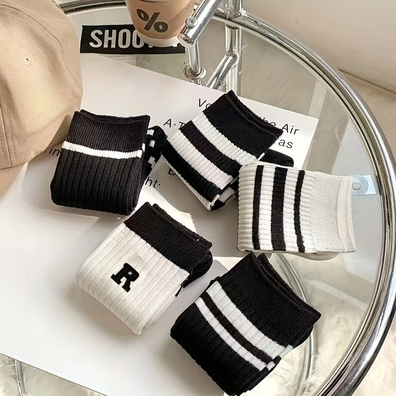 3 Pairs Striped Crew Socks Mid Tube Women's Stockings