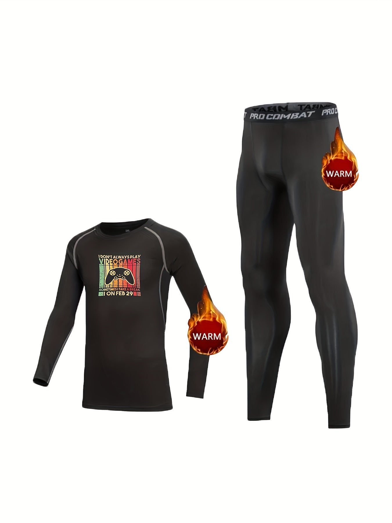 Kids Fleece Lined Compression Sports Set Gamepad Print Top & Leggings