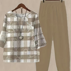  Floral & Plaid Print Long Sleeve Tee & Pants Set