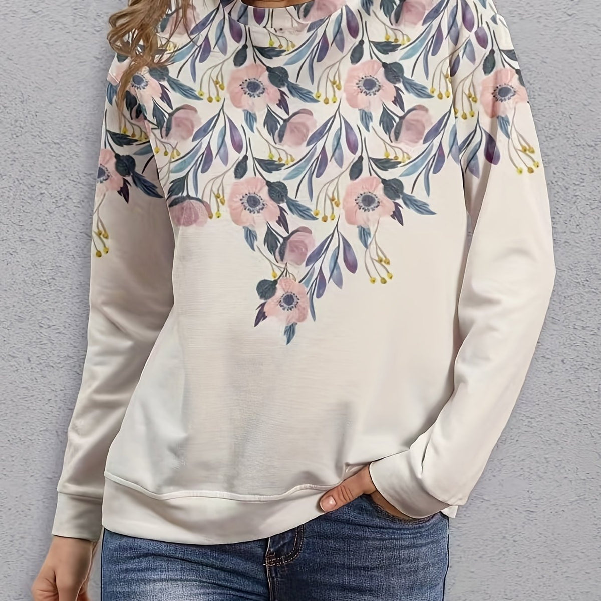 Floral Print Crew Neck Sweatshirt for Women