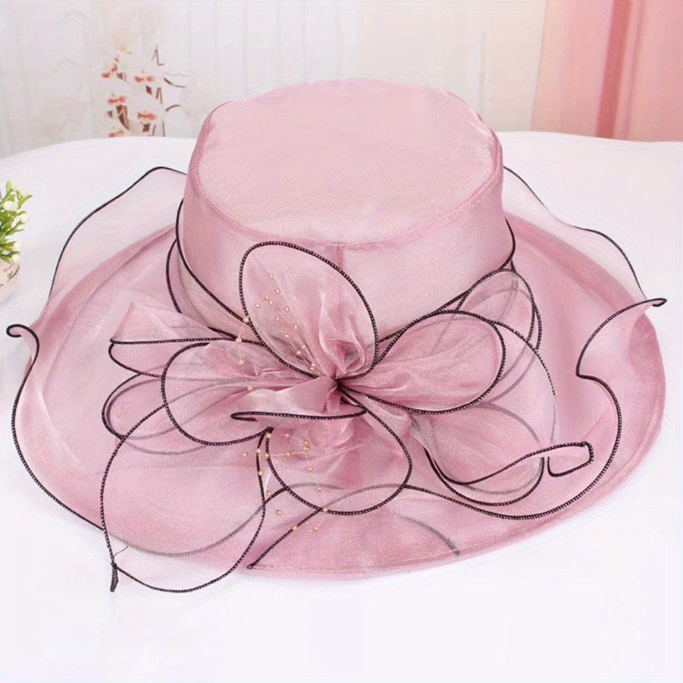 Wide Brim Organza Sun Hat Solid Derby Hat Mesh Breathable Lightweight UV Protect