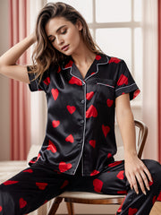 Heart Print Pajama Set Short Sleeve & Elastic Waistband Pants