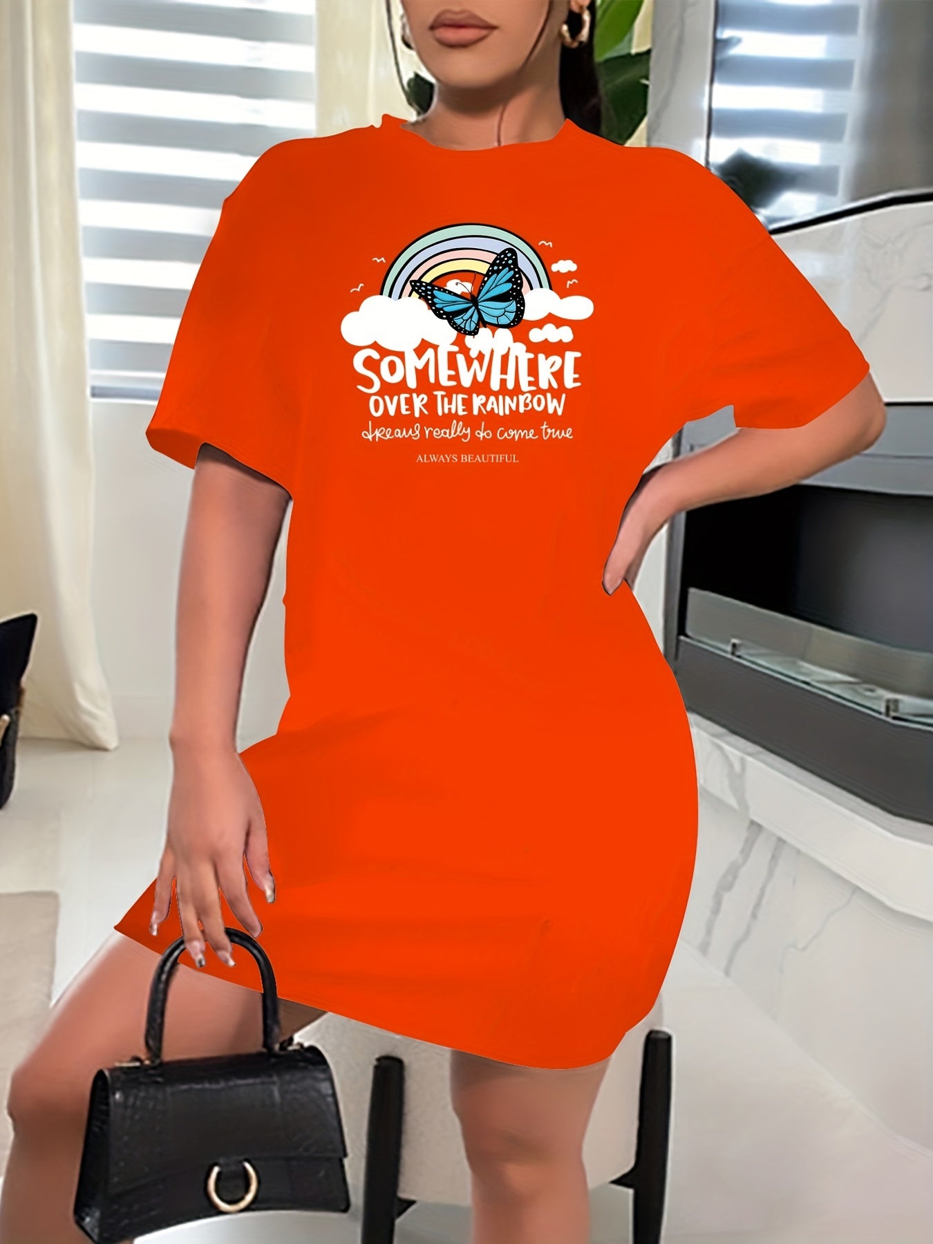  Rainbow Butterfly Slogan Short Sleeve Dress