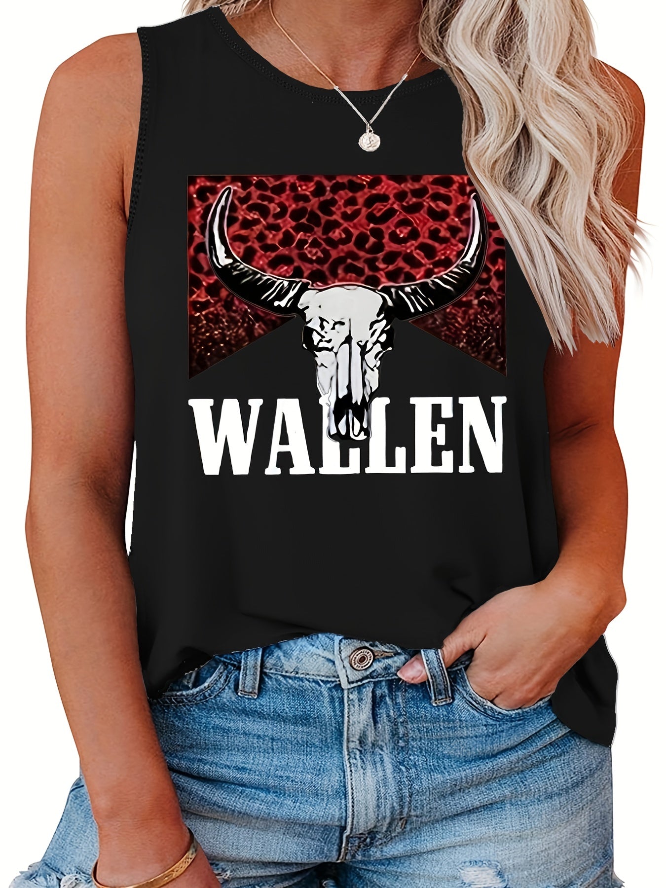  Colorblock Leopard Cow Print Round Neck Tank Top