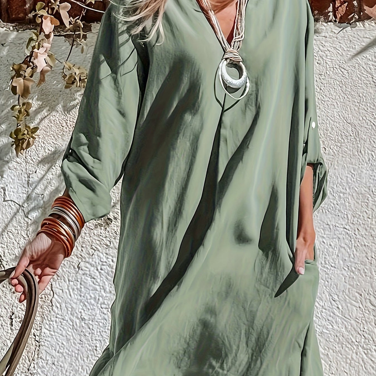  Solid Long Sleeve V Neck Dress With Pockets