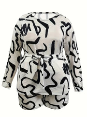 Women's Plus Graffiti Print One Shoulder Top & Shorts Set