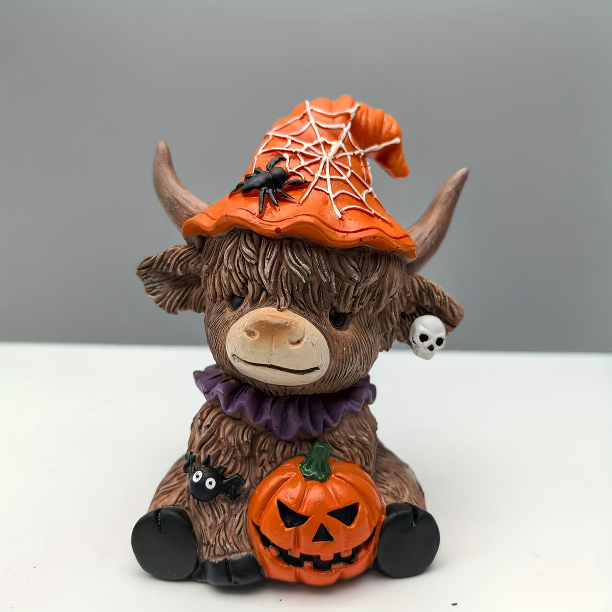 Spooky Highland Cow Halloween Figurines with Witch Hats
