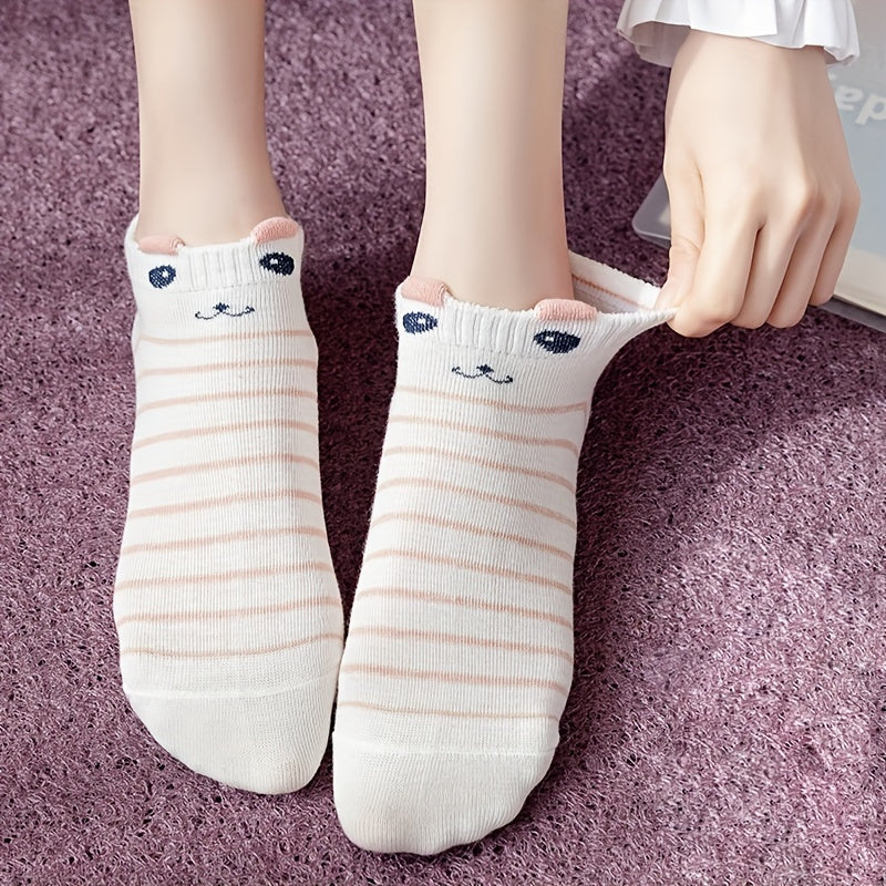 5 Pairs Cat Print Short Socks Breathable Ankle Stockings