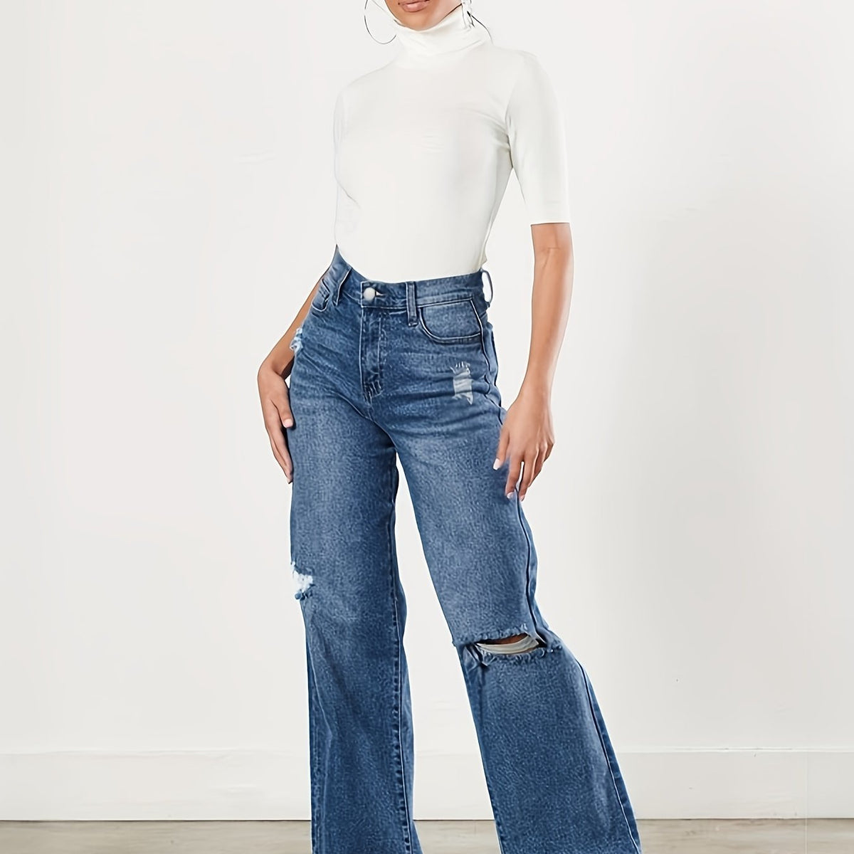 Raw Cut Straight Jeans Loose Fit Ripped Holes Non Stretch Casual Wide Legs Jeans