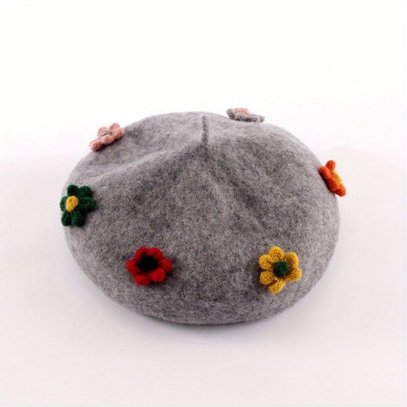 Women's Flower Decor Beret Solid Warm Painter Hats