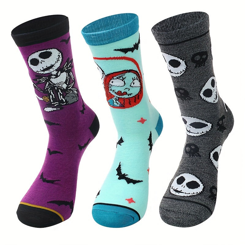 Skull Print Socks Comfy Funny Halloween Crew Socks Women's