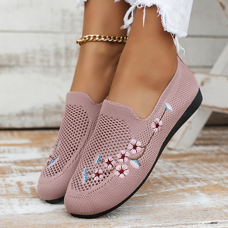 Women's Floral Embroidered Mesh Flat Shoes Lightweight Casual Footwear