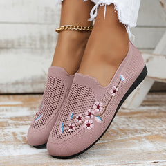 Women's Floral Embroidered Mesh Flat Shoes Lightweight Casual Footwear
