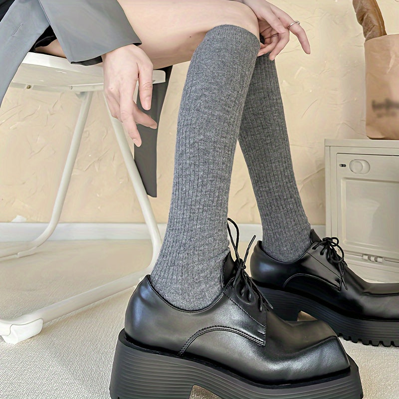 2 Pairs Solid Knee High Socks Women's Stockings