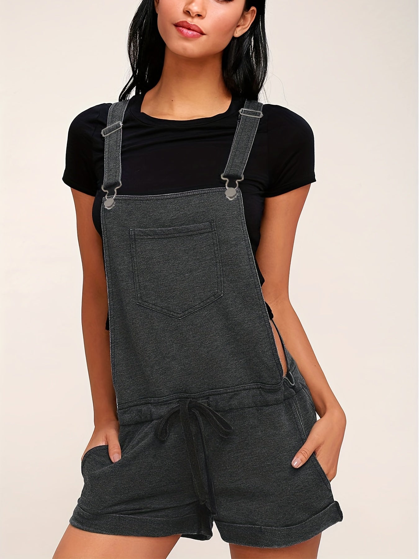 Solid Pocket Front Rompers Casual Sleeveless Drawstring Vintage