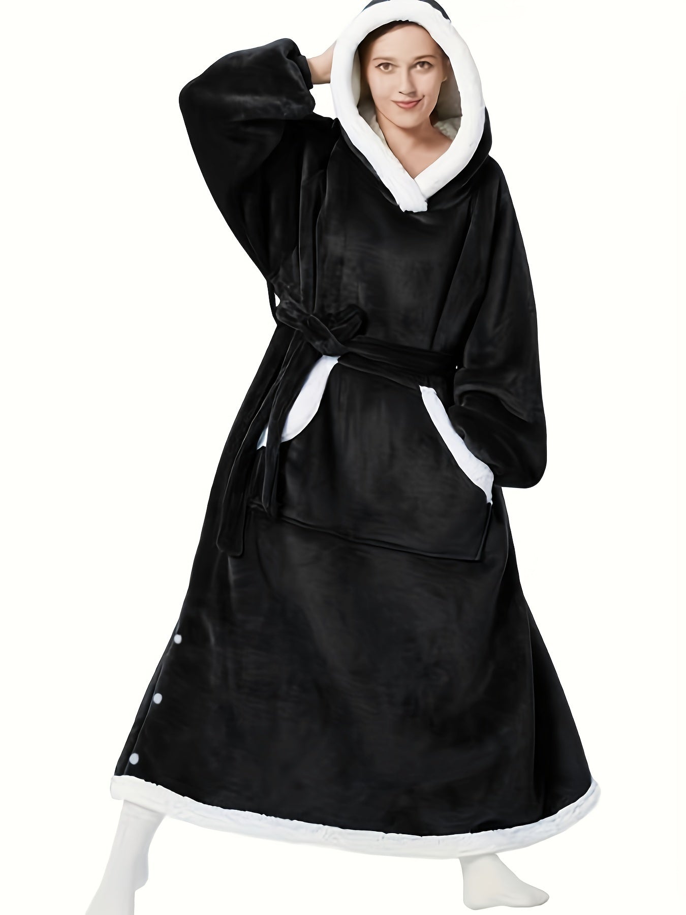  Hooded Fleece Lounge Robe With Pockets & Split