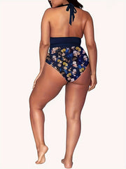  Vacay Bikini Set Solid V Neck Backless Halter & High Waisted Panty Swi