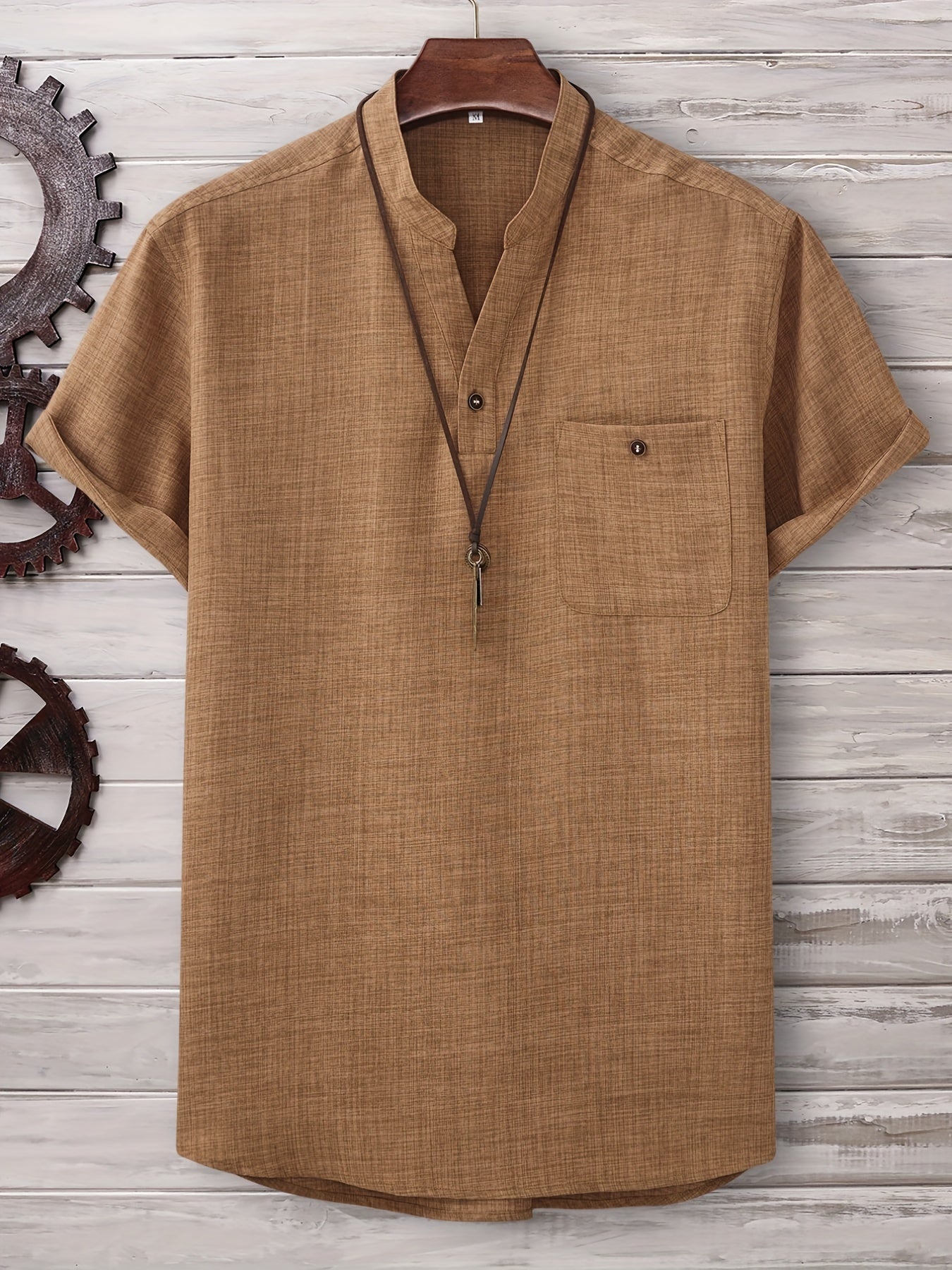 Men's Solid Stand Collar Shirt Chest Pocket Shirt