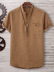 Men's Solid Stand Collar Shirt Chest Pocket Shirt