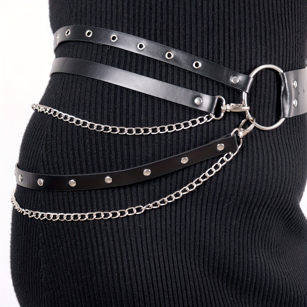 Vintage Punk PU Wide Belt Gothic Chain Adjustable Harness Belt Women