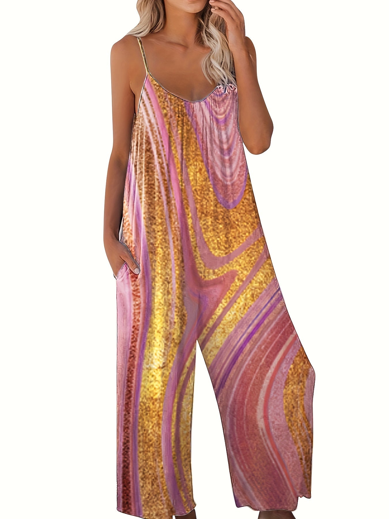  Marble Print Round Neck Wide Leg Cami Jumpsuit